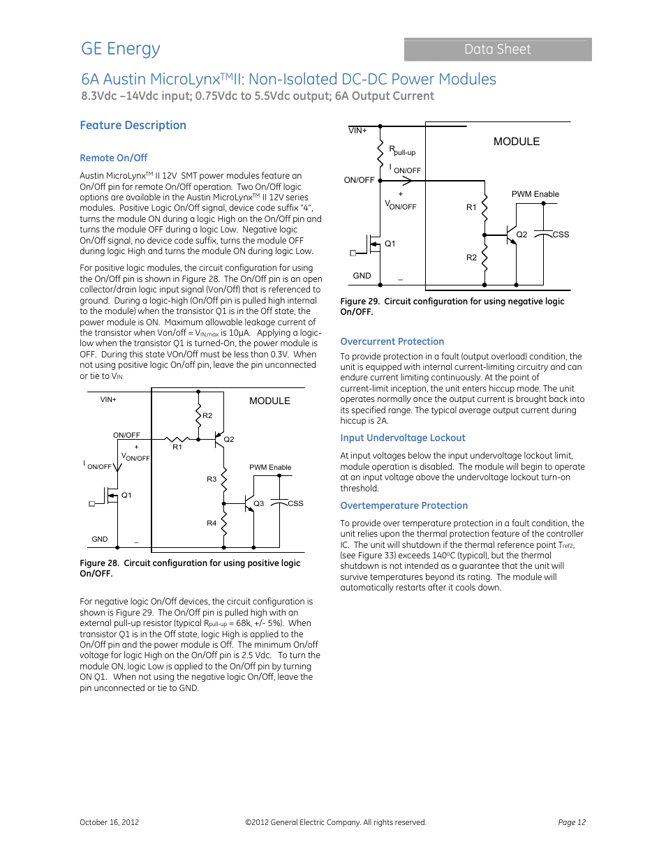 Ge energy, 6a austin microlynx, Ii: non-isolated dc-dc power modules | Data sheet, Feature description | GE Industrial Solutions 6A Austin MicroLynx II User Manual | Page 12 / 21