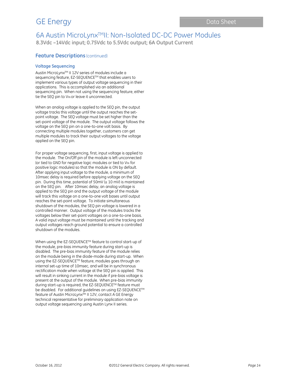 Ge energy, 6a austin microlynx, Ii: non-isolated dc-dc power modules | Data sheet, Feature descriptions | GE Industrial Solutions 6A Austin MicroLynx II User Manual | Page 14 / 21