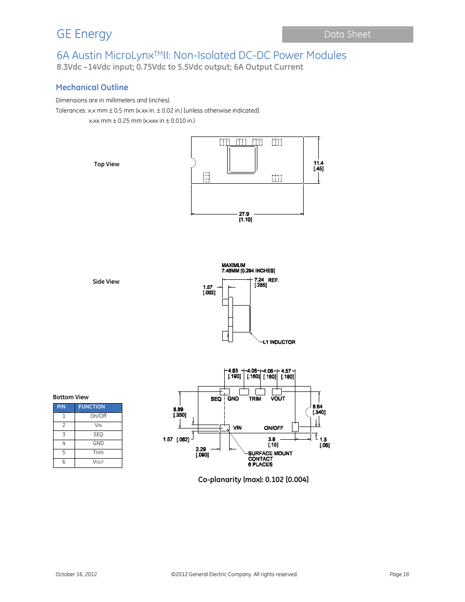 Ge energy, 6a austin microlynx, Ii: non-isolated dc-dc power modules | Data sheet | GE Industrial Solutions 6A Austin MicroLynx II User Manual | Page 16 / 21