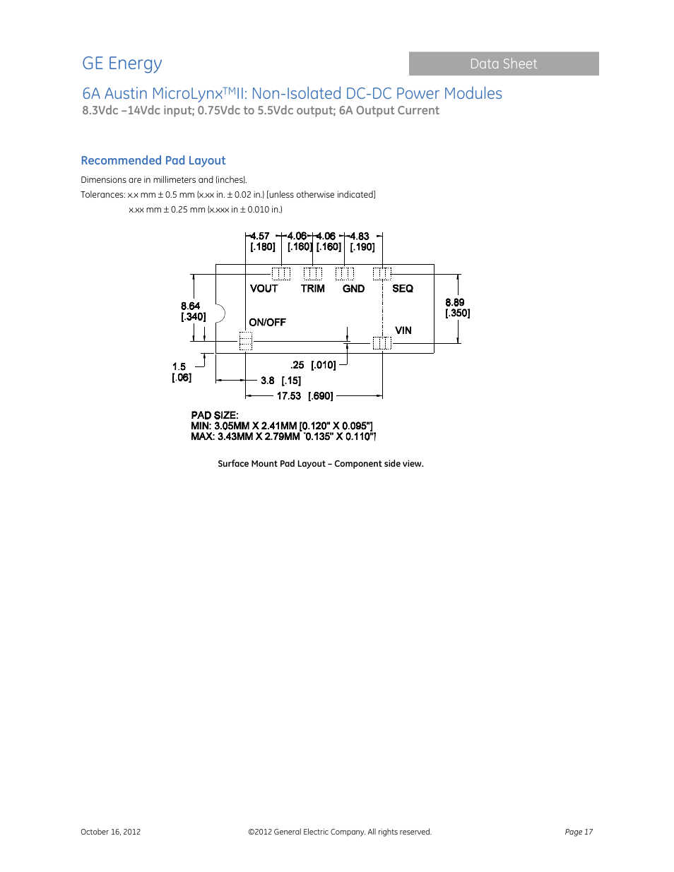 Ge energy, 6a austin microlynx, Ii: non-isolated dc-dc power modules | Data sheet | GE Industrial Solutions 6A Austin MicroLynx II User Manual | Page 17 / 21