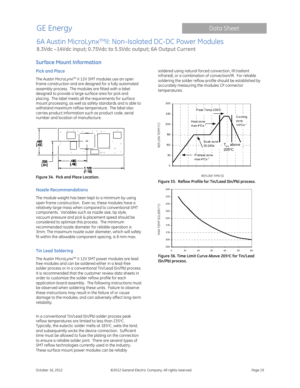 Ge energy, 6a austin microlynx, Ii: non-isolated dc-dc power modules | Data sheet, Surface mount information | GE Industrial Solutions 6A Austin MicroLynx II User Manual | Page 19 / 21