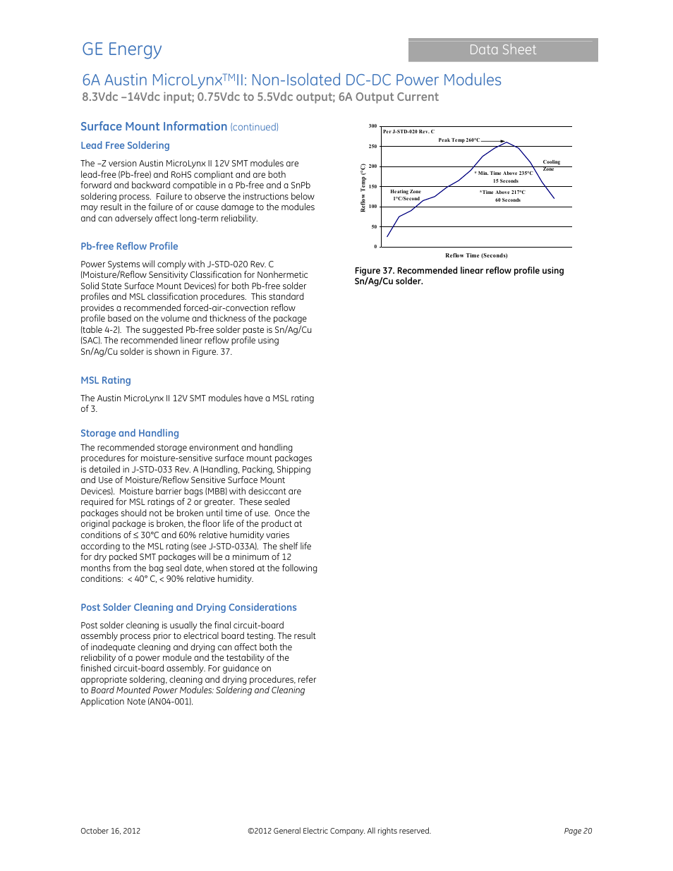 Ge energy, 6a austin microlynx, Ii: non-isolated dc-dc power modules | Data sheet, Surface mount information | GE Industrial Solutions 6A Austin MicroLynx II User Manual | Page 20 / 21