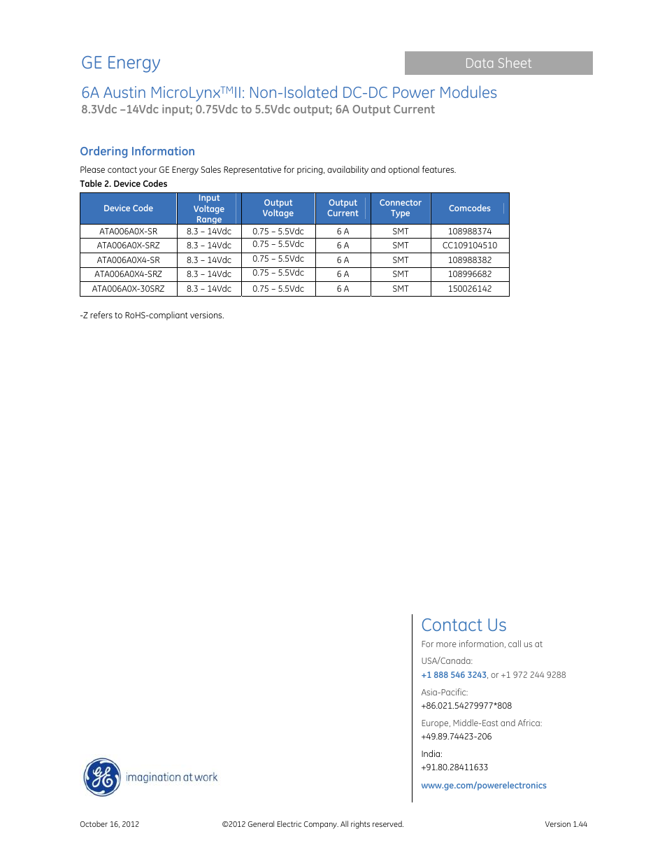 Ge energy, Contact us, 6a austin microlynx | Ii: non-isolated dc-dc power modules, Data sheet, Ordering information | GE Industrial Solutions 6A Austin MicroLynx II User Manual | Page 21 / 21
