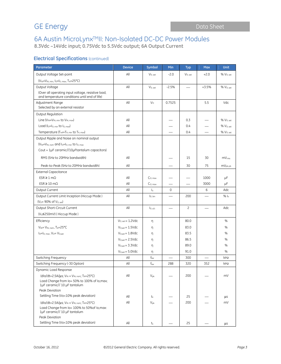 Ge energy, 6a austin microlynx, Ii: non-isolated dc-dc power modules | Data sheet, Electrical specifications, Continued) | GE Industrial Solutions 6A Austin MicroLynx II User Manual | Page 3 / 21