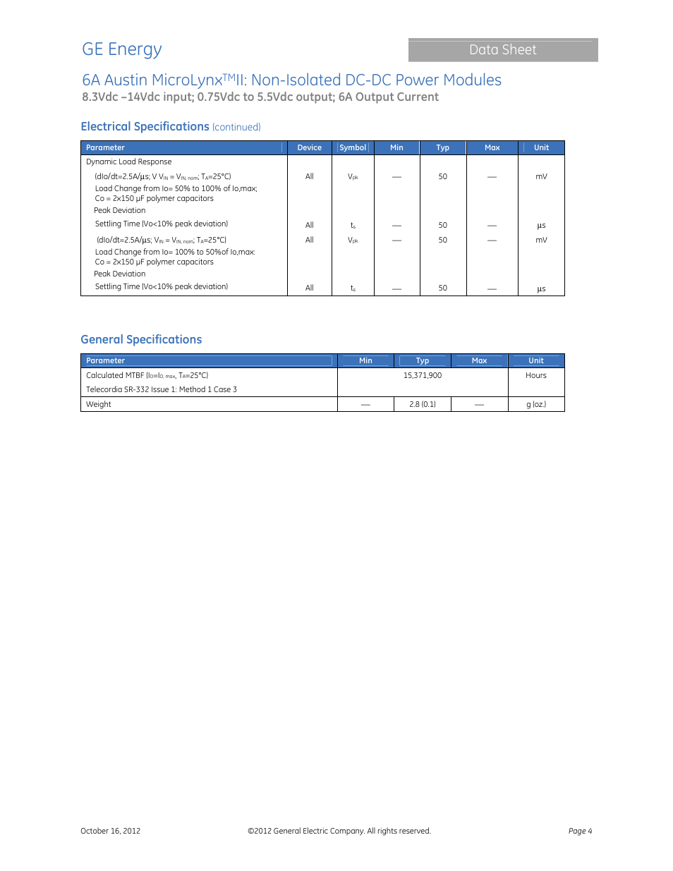 Ge energy, 6a austin microlynx, Ii: non-isolated dc-dc power modules | Data sheet, Electrical specifications, General specifications | GE Industrial Solutions 6A Austin MicroLynx II User Manual | Page 4 / 21