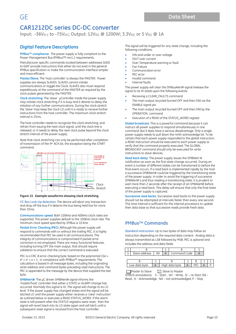 Receiving a clear_faults command, Execution of a read of the status_word register, Pmbustm commands | Car1212dc series dc-dc converter, Data sheet, Input: -36v, Output: 12v, Or 5 v, Digital feature descriptions, Pmbus | GE Industrial Solutions CAR1212DC series User Manual | Page 10 / 16