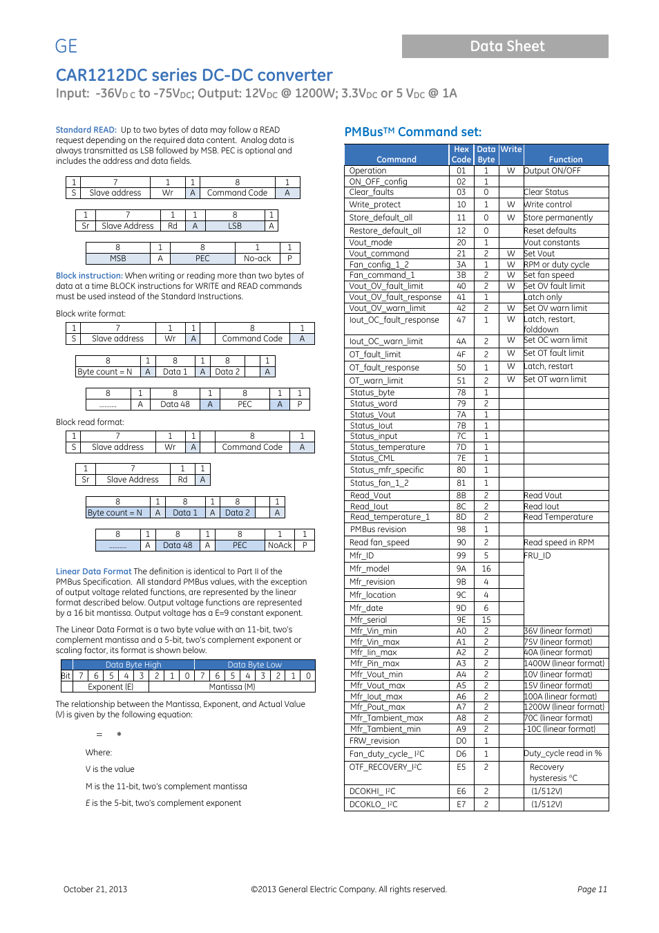 Car1212dc series dc-dc converter, Data sheet, Input: -36v | Output: 12v, Or 5 v, Pmbus, Command set | GE Industrial Solutions CAR1212DC series User Manual | Page 11 / 16
