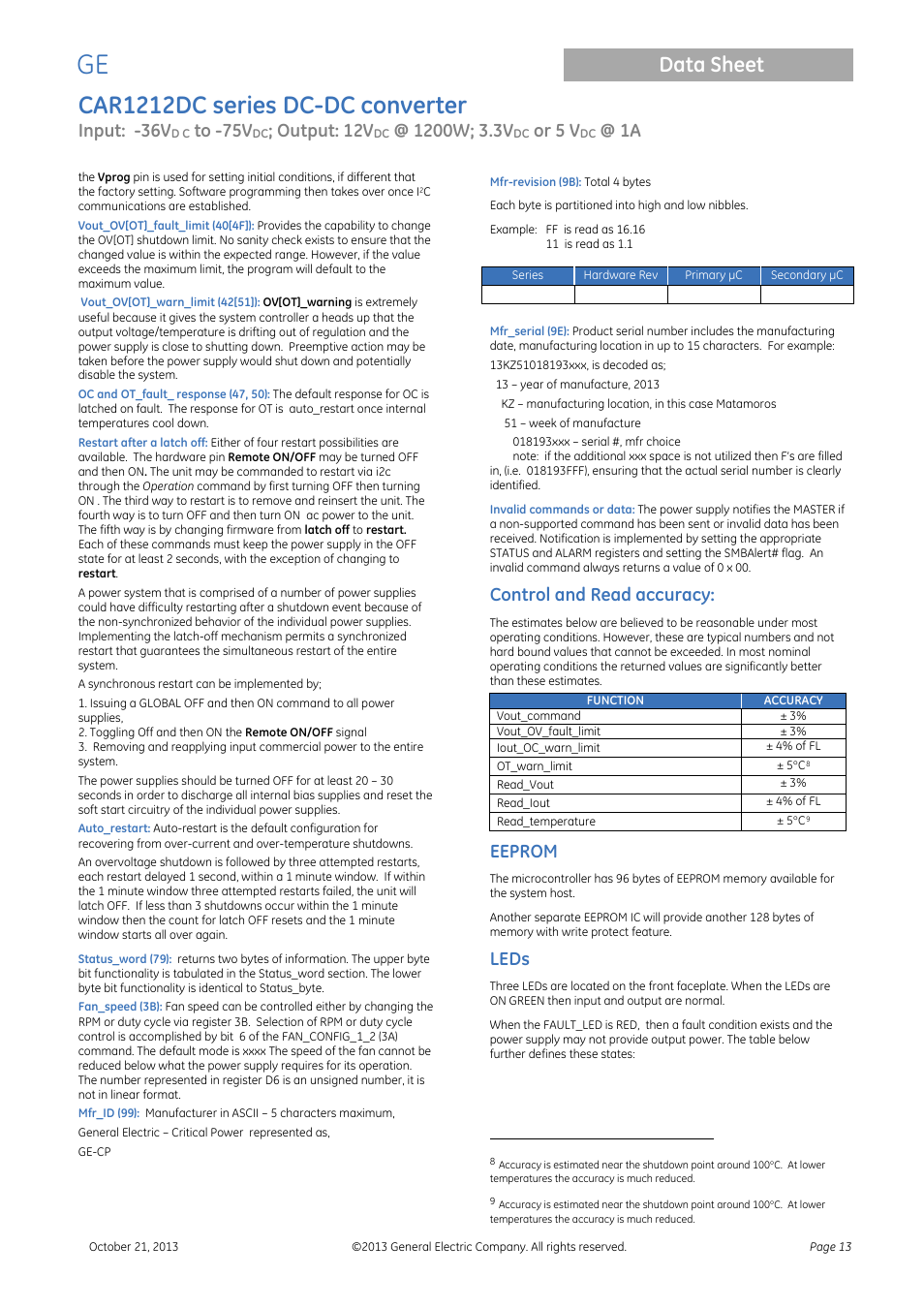 Eeprom, Leds, Car1212dc series dc-dc converter | Data sheet, Input: -36v, Output: 12v, Or 5 v, Control and read accuracy | GE Industrial Solutions CAR1212DC series User Manual | Page 13 / 16