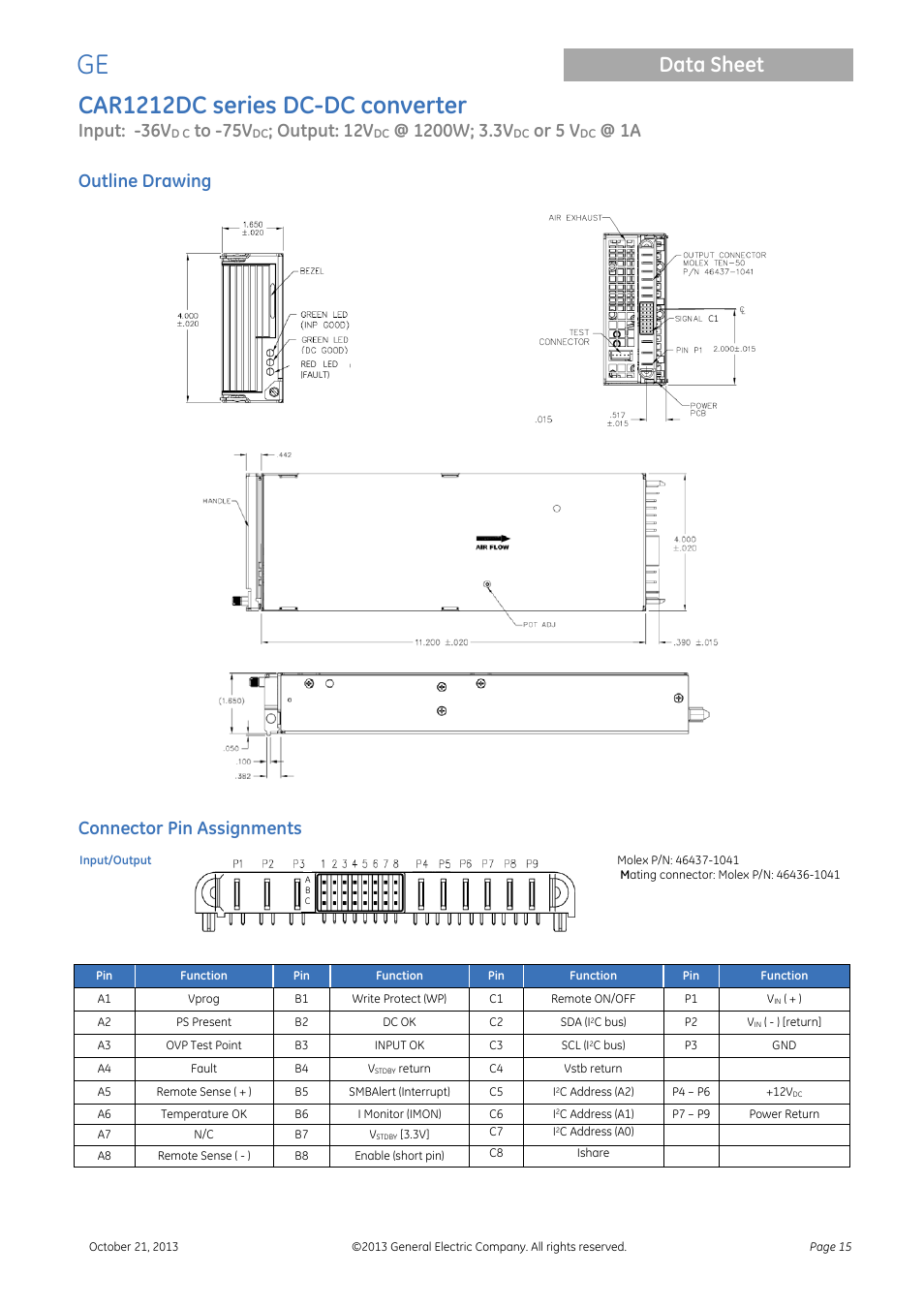 Outline drawing, Car1212dc series dc-dc converter, Data sheet | Input: -36v, Output: 12v, Or 5 v, Connector pin assignments | GE Industrial Solutions CAR1212DC series User Manual | Page 15 / 16