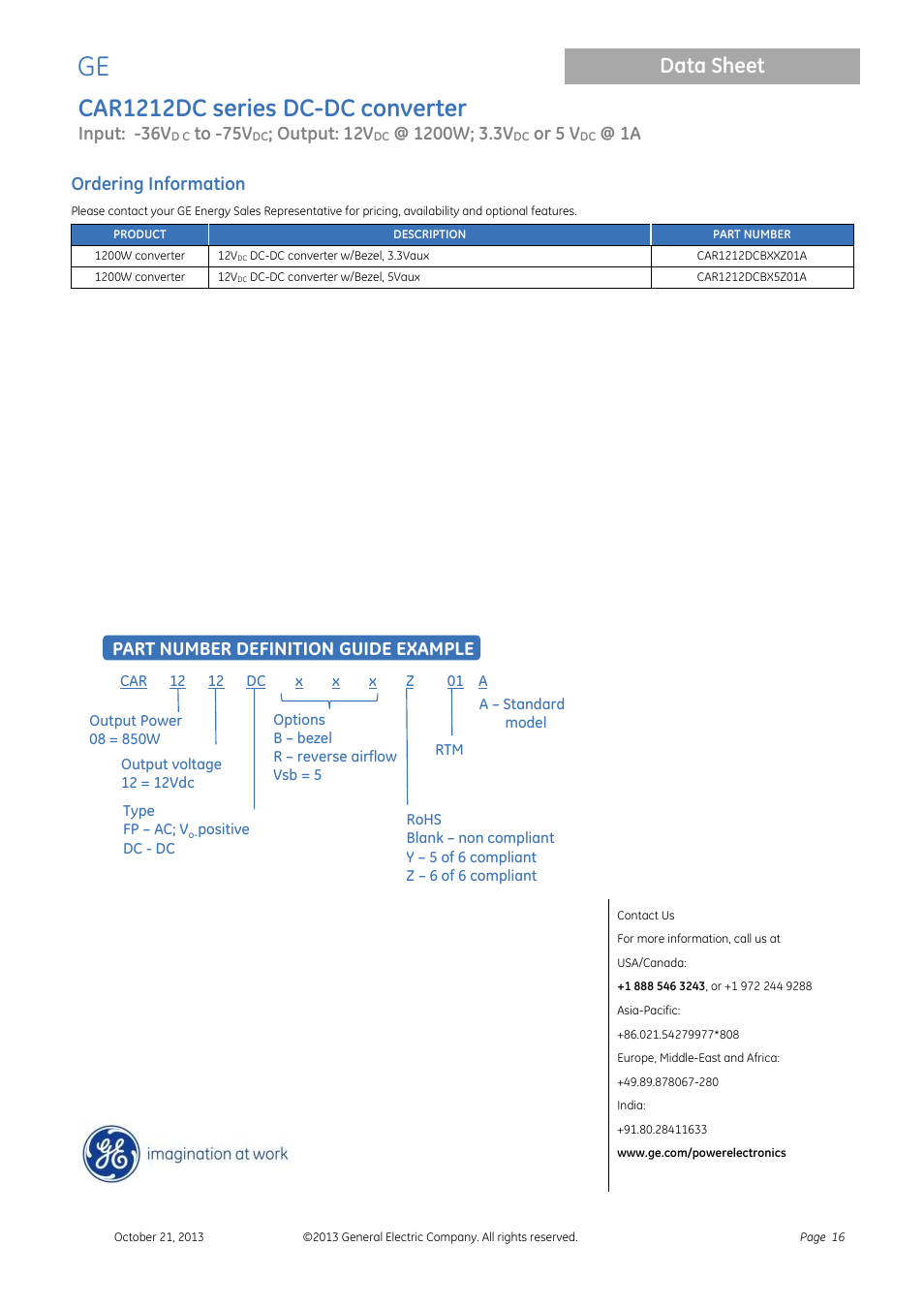 Car1212dc series dc-dc converter, Data sheet, Input: -36v | Output: 12v, Or 5 v, Ordering information, Part number definition guide example | GE Industrial Solutions CAR1212DC series User Manual | Page 16 / 16