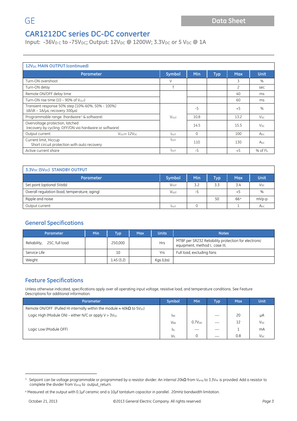 General specifications, Feature specifications, Car1212dc series dc-dc converter | Data sheet, Input: -36v, Output: 12v, Or 5 v | GE Industrial Solutions CAR1212DC series User Manual | Page 3 / 16