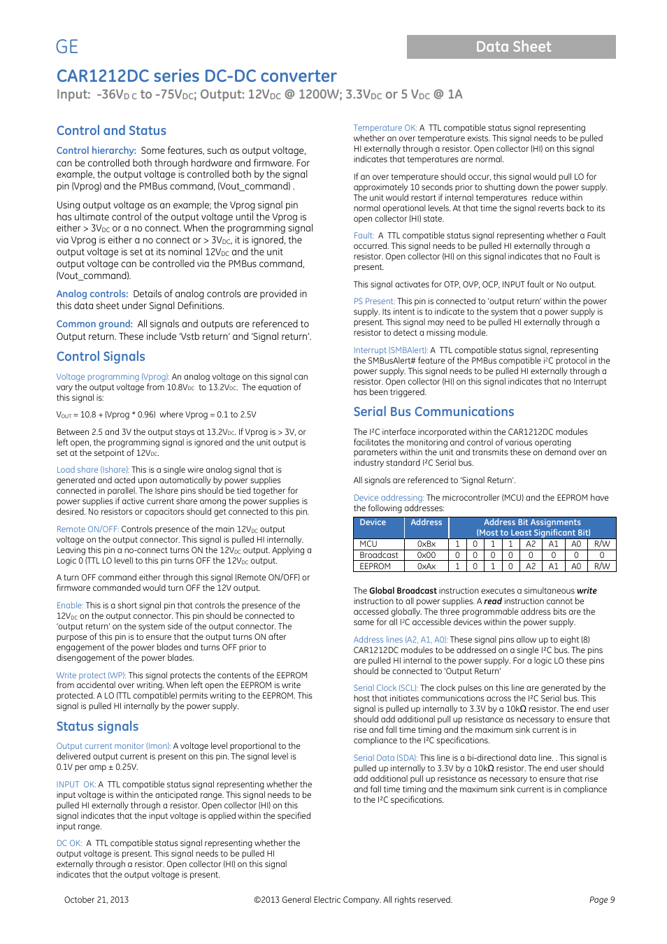 Control and status, Control signals, Status signals | Car1212dc series dc-dc converter, Data sheet, Input: -36v, Output: 12v, Or 5 v, Serial bus communications | GE Industrial Solutions CAR1212DC series User Manual | Page 9 / 16