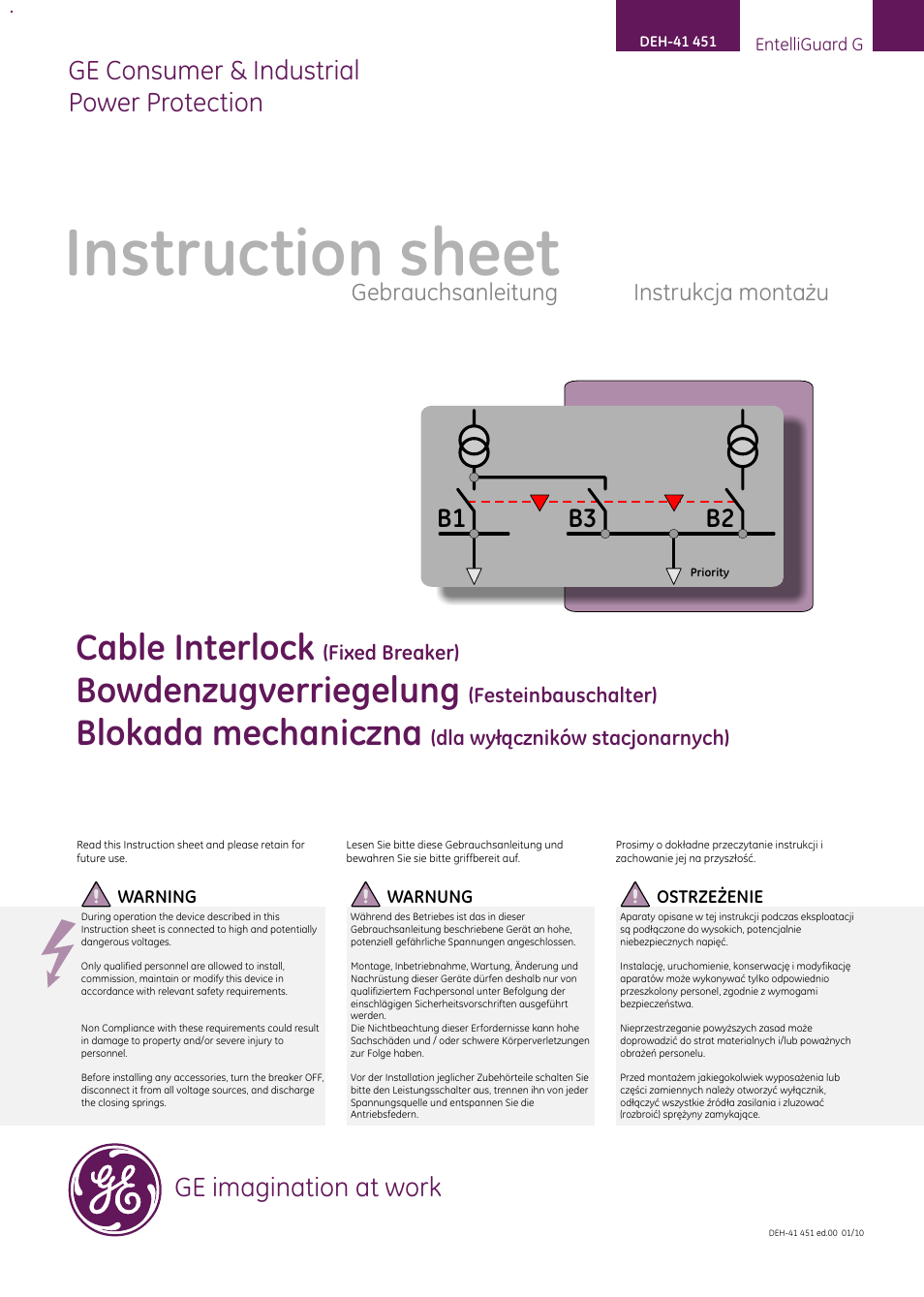 GE Industrial Solutions EntelliGuard G Cable Interlock (Fixed Breaker) User Manual | 16 pages