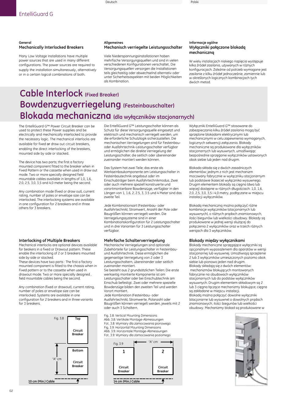 Cable interlock, Bowdenzugverriegelung, Blokada mechaniczna | Entelliguard g, Festeinbauschalter), Dla wyłączników stacjonarnych), Fixed breaker) | GE Industrial Solutions EntelliGuard G Cable Interlock (Fixed Breaker) User Manual | Page 2 / 16