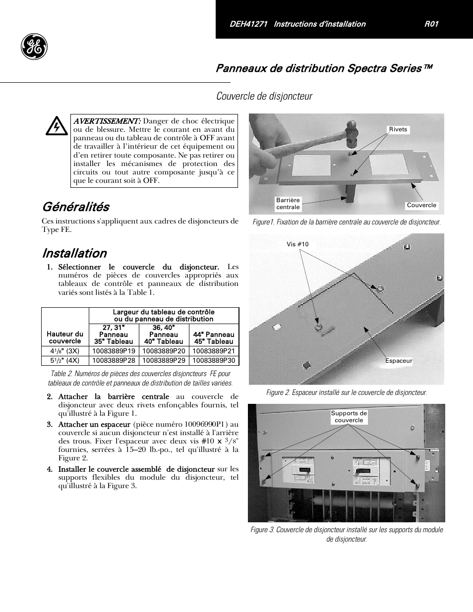 Généralités, Installation, Panneaux de distribution spectra series | Couvercle de disjoncteur | GE Industrial Solutions Spectra Power Panelboard: Record Plus FE Breaker Cover Kit User Manual | Page 3 / 4