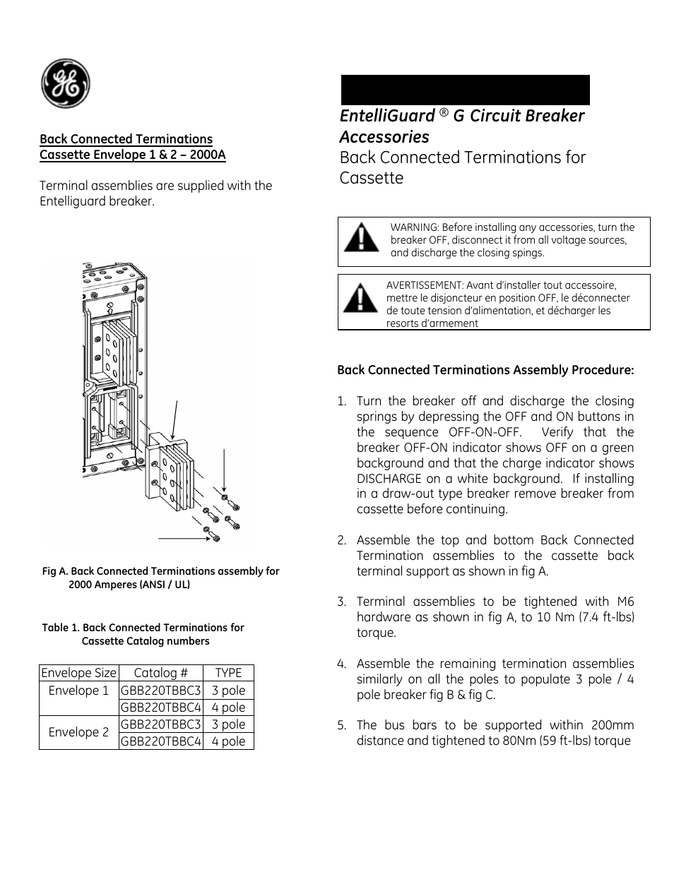 GE Industrial Solutions EntelliGuard G Back Connected Terminations for Cassette Envelope 1 & 2 – 2000A User Manual | 2 pages