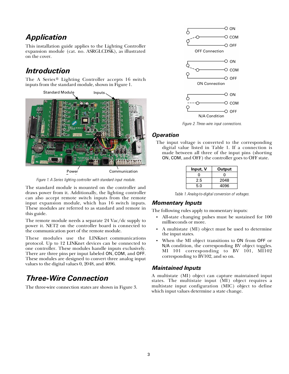 Application, Introduction, Three-wire connection | GE Industrial Solutions A Series Lighting Control Panelboards Remote Switch Expansion Module ASRGLCDSK User Manual | Page 3 / 8