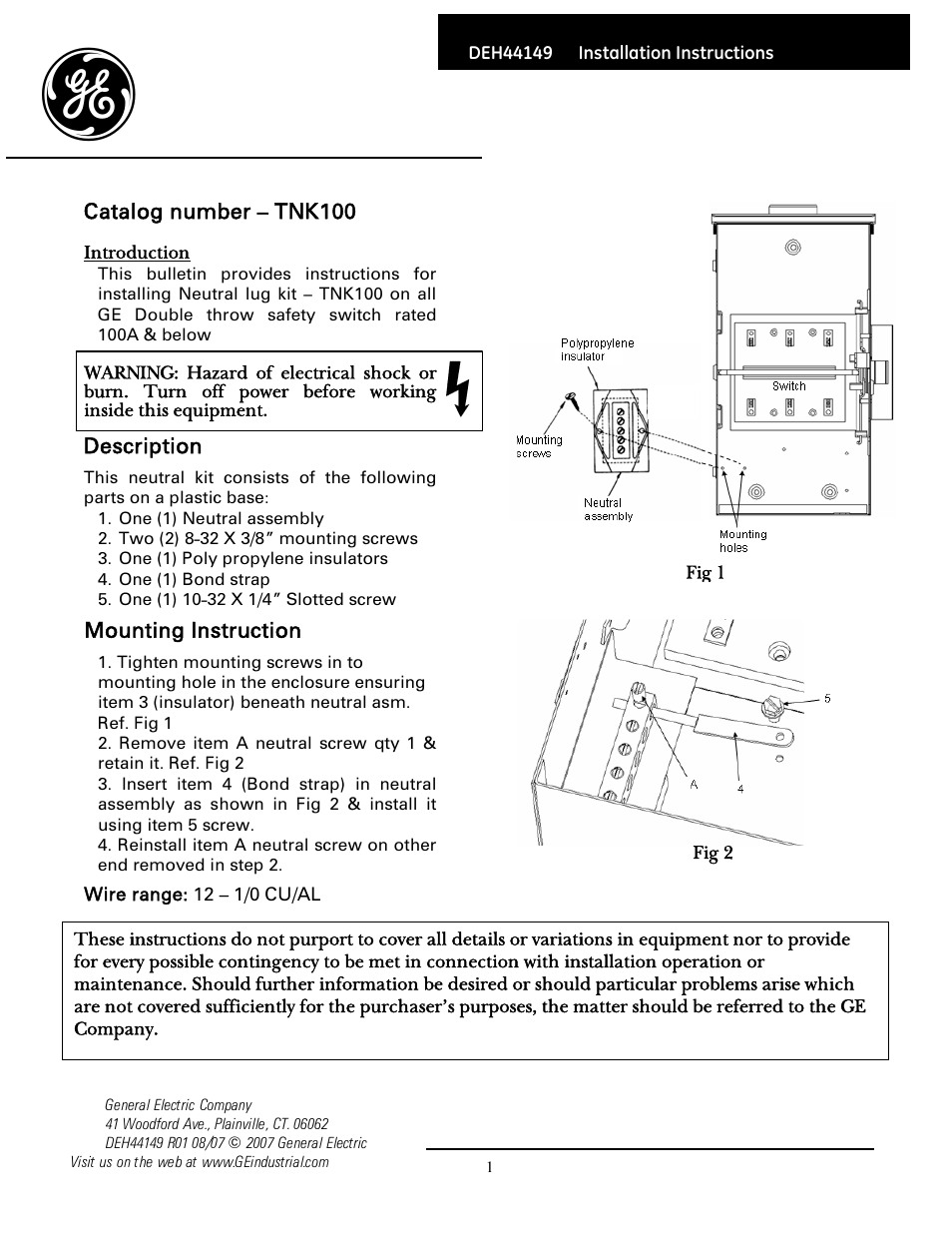 GE Industrial Solutions Neutral Mounting Kit - TNK100 User Manual | 1 page