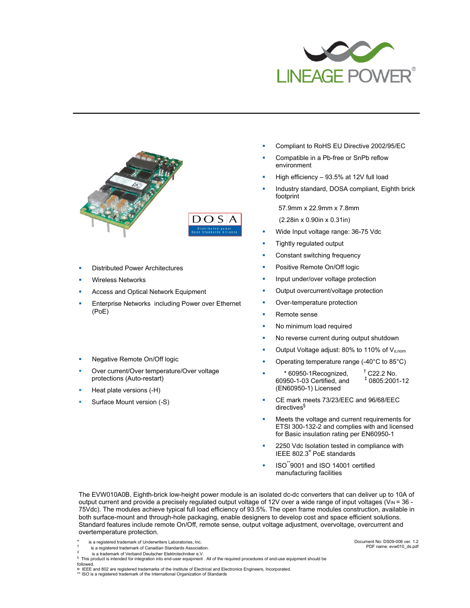 GE Industrial Solutions EVW010A0B Series (Eighth-Brick) User Manual | 18 pages