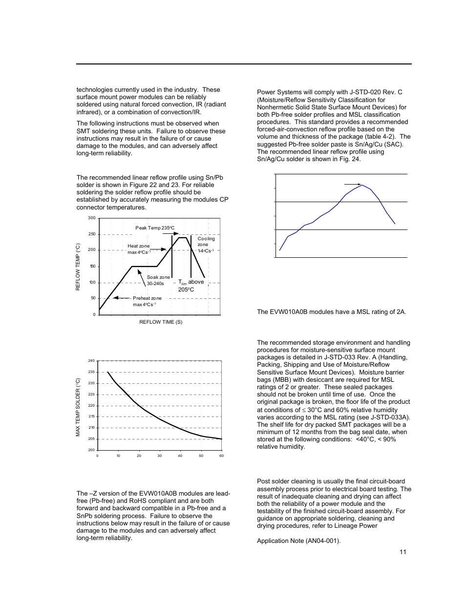 Surface mount information, Continued), Tin lead soldering | Lead free soldering, Pb-free reflow profile, Msl rating, Storage and handling, Post solder cleaning and drying considerations | GE Industrial Solutions EVW010A0B Series (Eighth-Brick) User Manual | Page 11 / 18