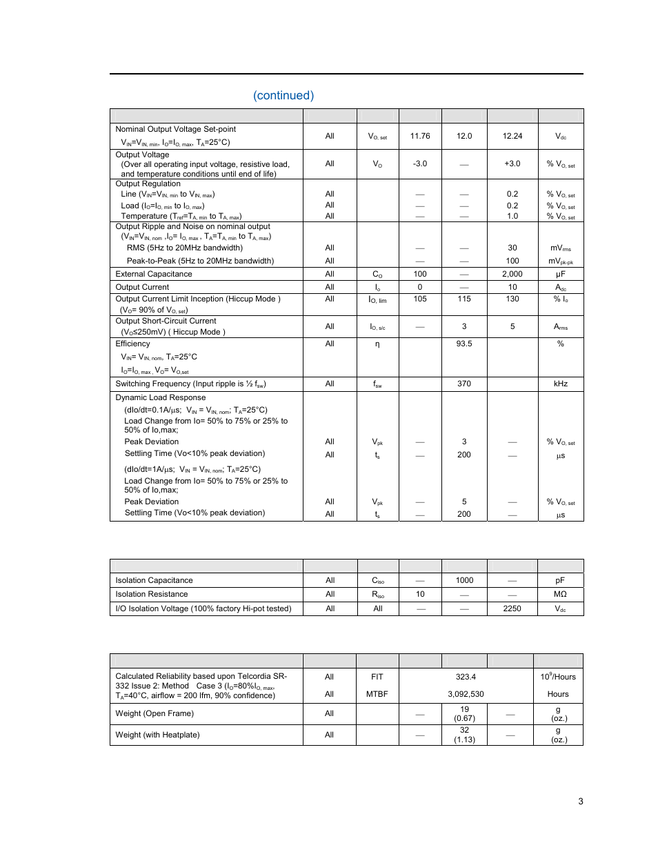 Electrical specifications (continued), Isolation specifications, General specifications | GE Industrial Solutions EVW010A0B Series (Eighth-Brick) User Manual | Page 3 / 18