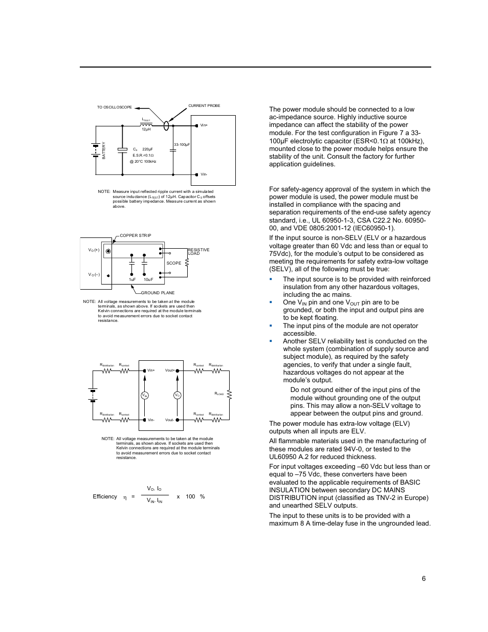 Test configurations, Design considerations, Safety considerations | Input filtering, Lineage power 6, Figure 8. output ripple and noise test setup, Figure 9. output voltage and efficiency test setup, Pin and one v | GE Industrial Solutions EVW010A0B Series (Eighth-Brick) User Manual | Page 6 / 18