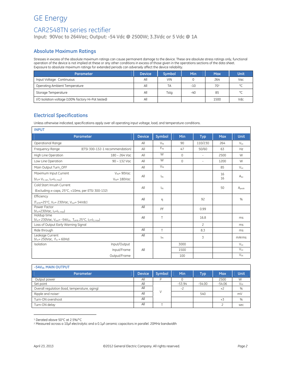 Ge energy, Car2548tn series rectifier, Absolute maximum ratings | Electrical specifications | GE Industrial Solutions CAR2548TN series User Manual | Page 2 / 7