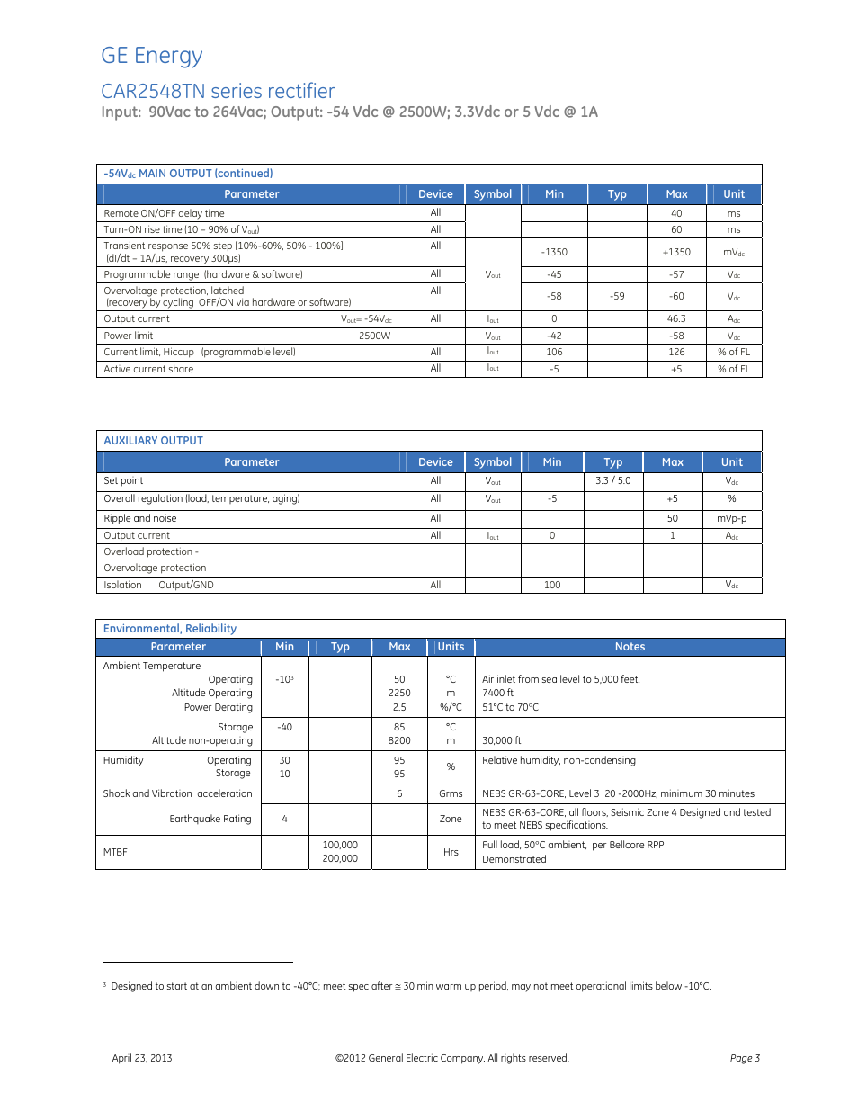 Ge energy, Car2548tn series rectifier | GE Industrial Solutions CAR2548TN series User Manual | Page 3 / 7
