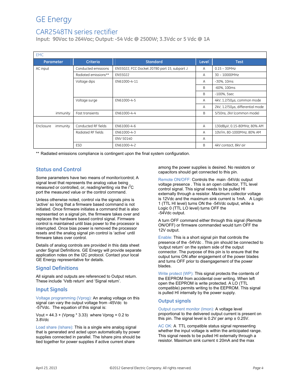Ge energy, Car2548tn series rectifier, Status and control | Signal definitions, Input signals, Output signals | GE Industrial Solutions CAR2548TN series User Manual | Page 4 / 7