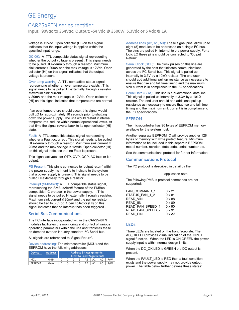 Ge energy, Car2548tn series rectifier, Serial bus communications | Eeprom, Communications protocol, Leds | GE Industrial Solutions CAR2548TN series User Manual | Page 5 / 7