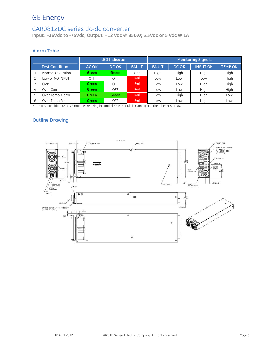 Ge energy, Car0812dc series dc-dc converter, Preliminary data sheet | GE Industrial Solutions CAR2548TN series User Manual | Page 6 / 7