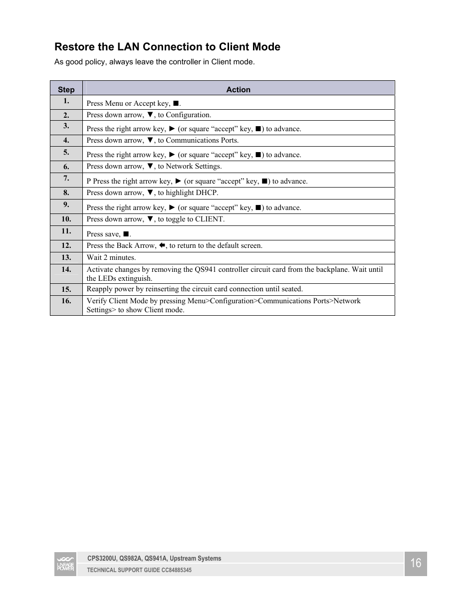 Restore the lan connection to client mode | GE Industrial Solutions CPS3200U User Manual | Page 16 / 18