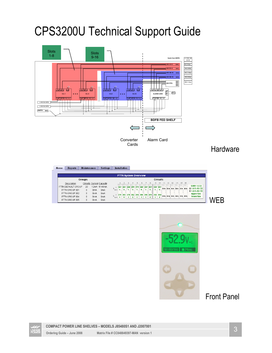 Cps3200u technical support guide, Hardware, Front panel | Alarm card converter cards, Bdfb fed shelf | GE Industrial Solutions CPS3200U User Manual | Page 3 / 18