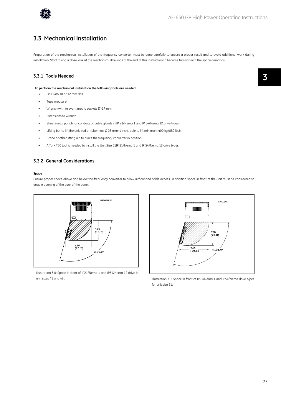 3 mechanical installation, Af-650 gp high power operating instructions | GE Industrial Solutions AF-650 GP General Purpose Drive (460_575_690V 125HP and above) User Manual | Page 24 / 129