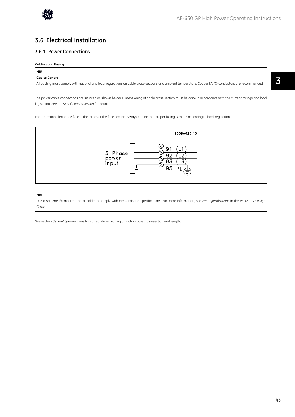 6 electrical installation | GE Industrial Solutions AF-650 GP General Purpose Drive (460_575_690V 125HP and above) User Manual | Page 44 / 129