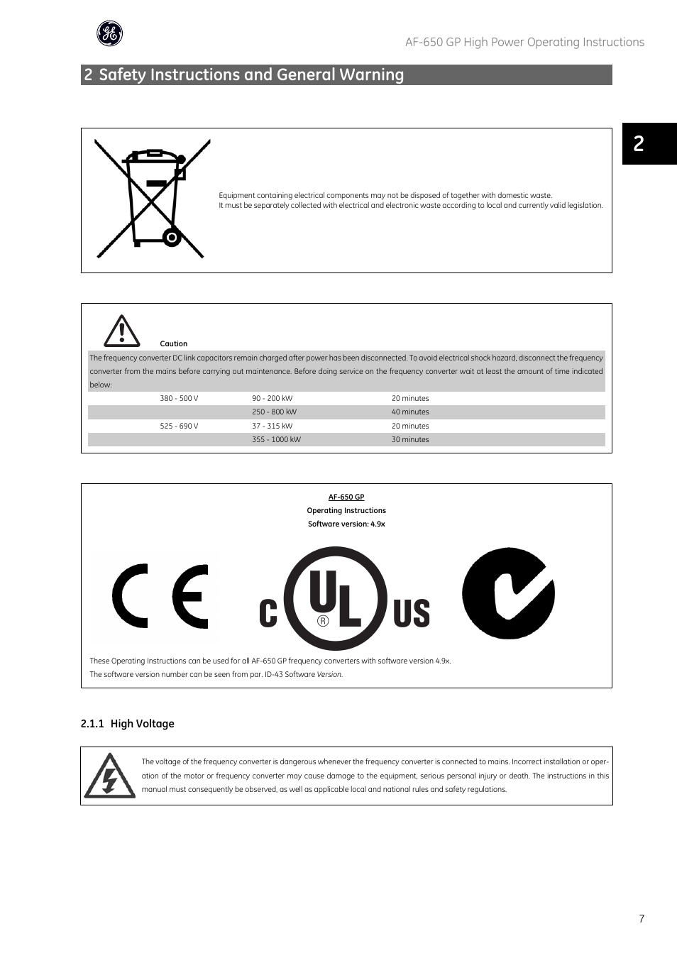 2 safety instructions and general warning, Af-650 gp high power operating instructions | GE Industrial Solutions AF-650 GP General Purpose Drive (460_575_690V 125HP and above) User Manual | Page 8 / 129