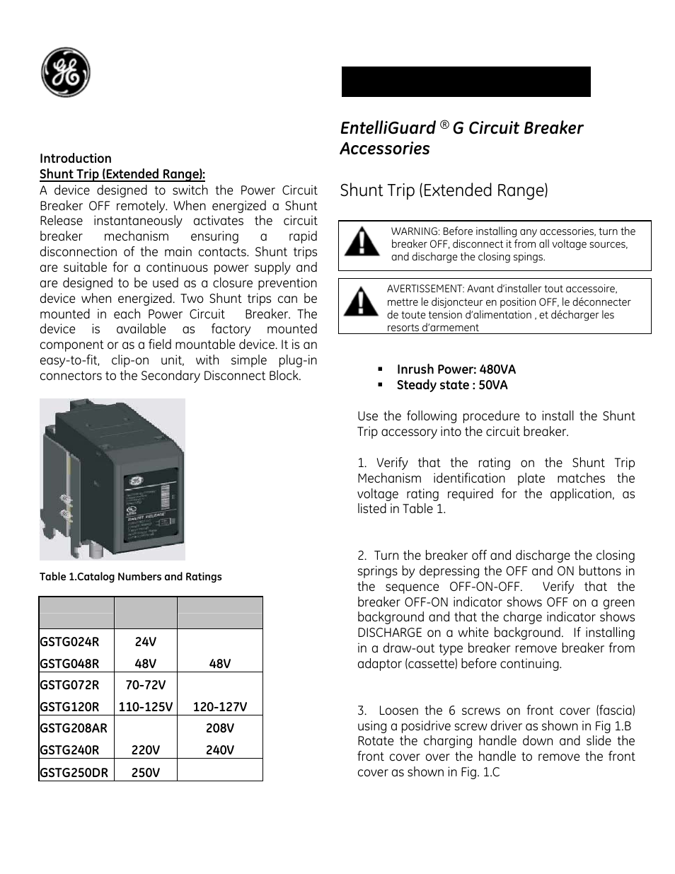 GE Industrial Solutions EntelliGuard G Shunt Trip (Extended Range) User Manual | 4 pages