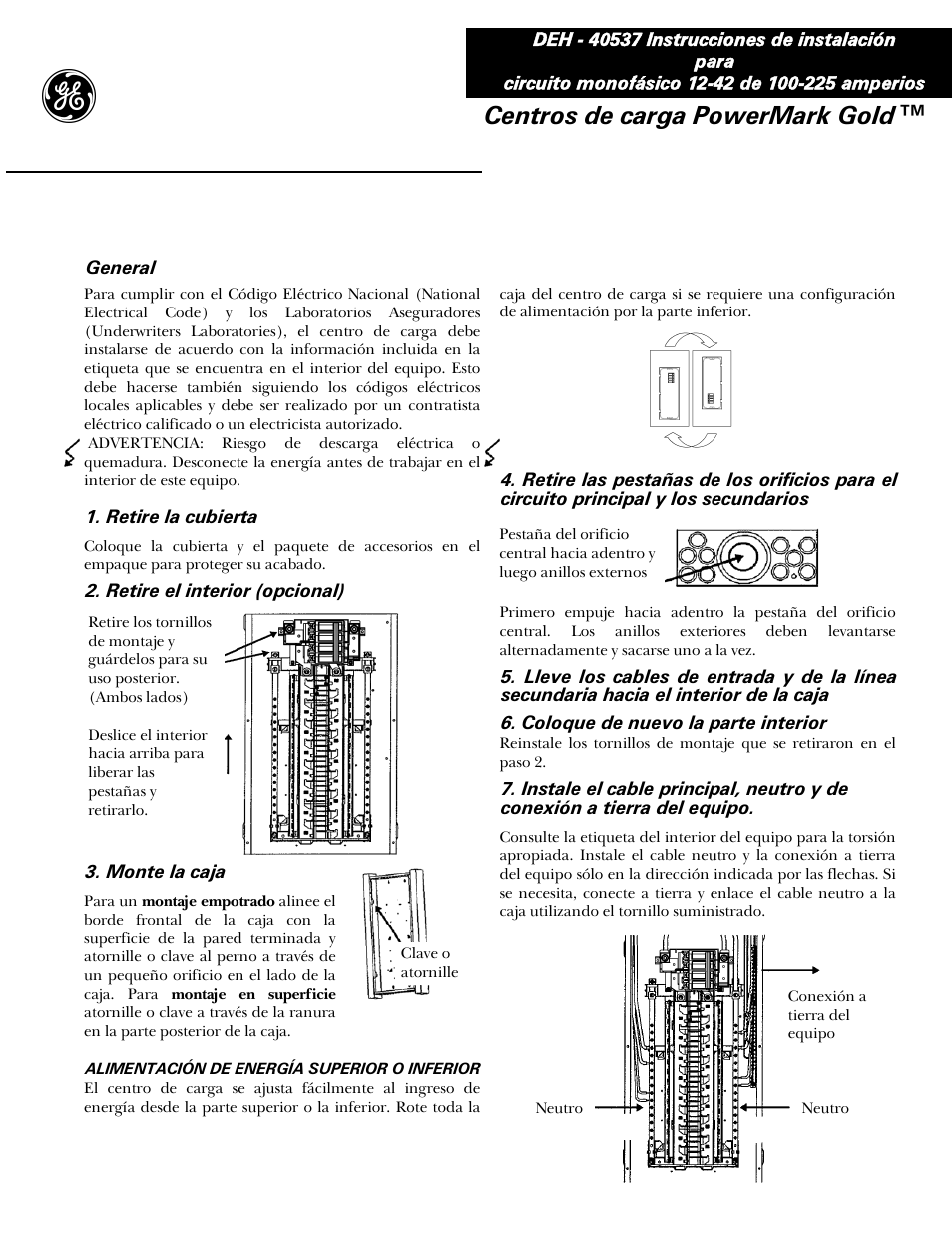 Alimentación de energía superior o inferior, Para interiores, Centros de carga powermark gold | GE Industrial Solutions Power Mark Gold Load Centers User Manual | Page 3 / 4