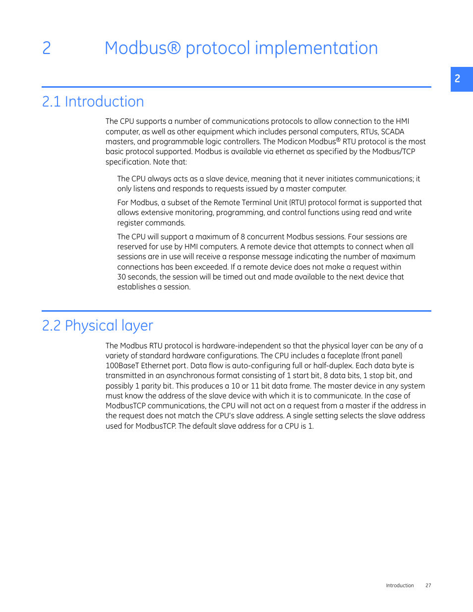 Modbus® protocol implementation, 1 introduction, 2 physical layer | 2 modbus® protocol implementation, 2 introduction 1.3 physical layer, 2modbus® protocol implementation | GE Industrial Solutions Entellisys 4.0 Integrator's Guide User Manual | Page 27 / 126