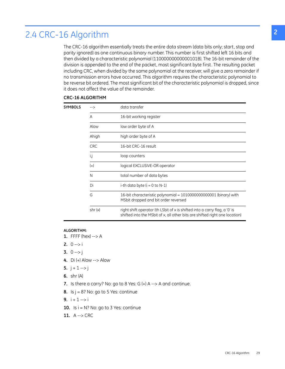 4 crc-16 algorithm, 5 crc-16 algorithm | GE Industrial Solutions Entellisys 4.0 Integrator's Guide User Manual | Page 29 / 126