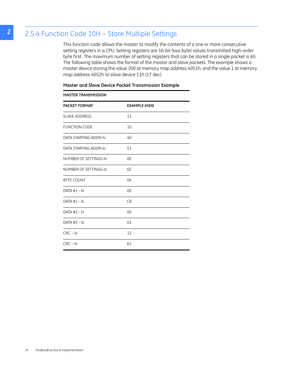 4 function code 10h - store multiple settings, 4 function code 10h – store multiple settings | GE Industrial Solutions Entellisys 4.0 Integrator's Guide User Manual | Page 34 / 126