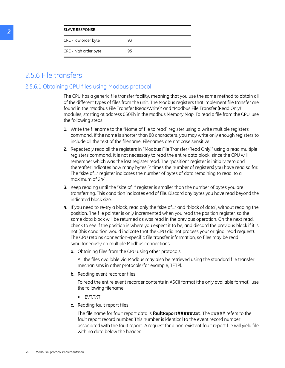 6 file transfers, 1 obtaining cpu files using modbus protocol | GE Industrial Solutions Entellisys 4.0 Integrator's Guide User Manual | Page 36 / 126