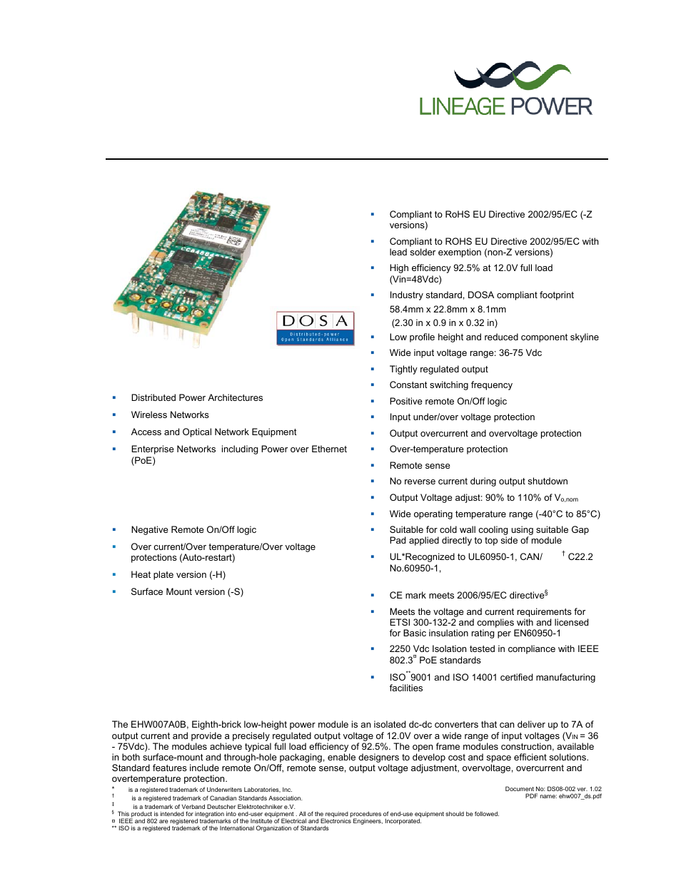 GE Industrial Solutions EHW007A0B Series (Eighth-Brick) User Manual | 18 pages