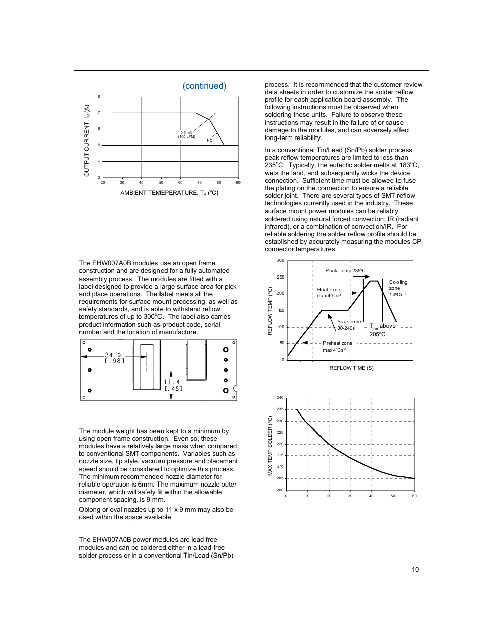 Thermal considerations, Continued), Surface mount information | Pick and place, Nozzle recommendations, Tin lead soldering | GE Industrial Solutions EHW007A0B Series (Eighth-Brick) User Manual | Page 10 / 18
