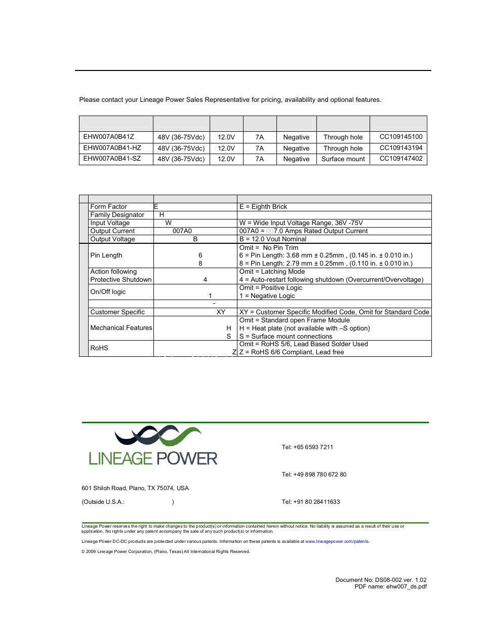 Ordering information | GE Industrial Solutions EHW007A0B Series (Eighth-Brick) User Manual | Page 18 / 18
