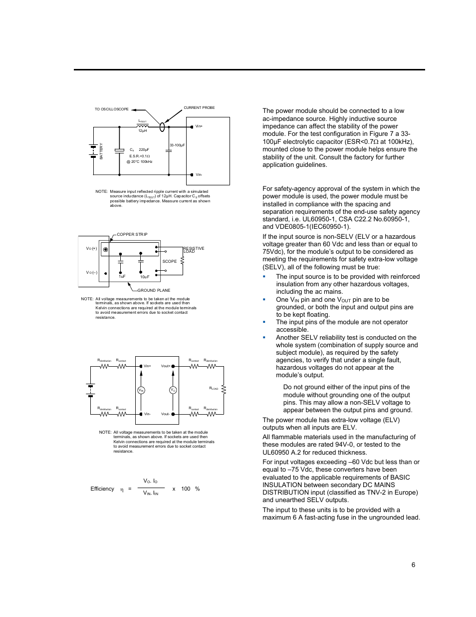 Test configurations, Design considerations, Safety considerations | Input filtering, Lineage power 6, Figure 8. output ripple and noise test setup, Figure 9. output voltage and efficiency test setup, Pin and one v | GE Industrial Solutions EHW007A0B Series (Eighth-Brick) User Manual | Page 6 / 18