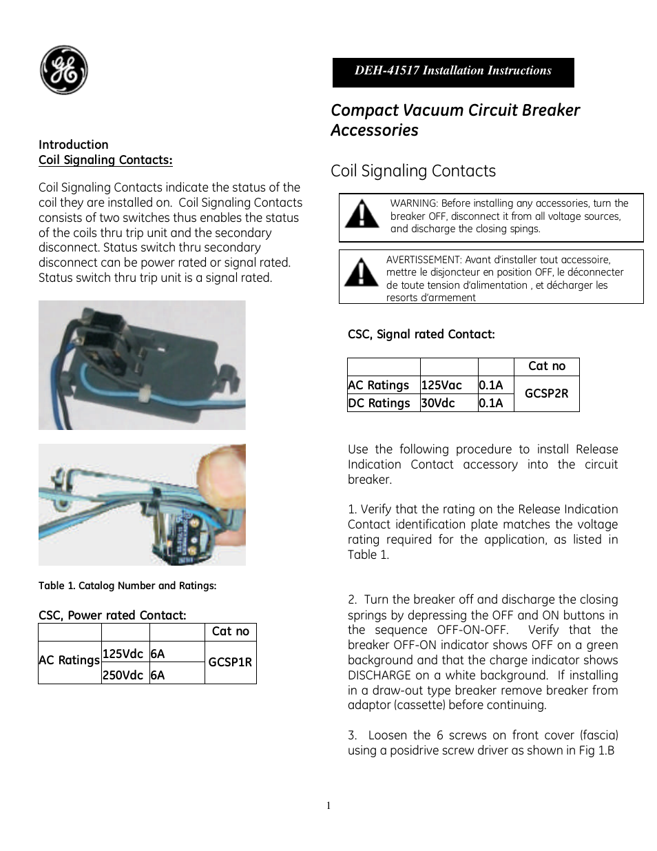 GE Industrial Solutions Compact Vacuum Circuit Breaker Coil Signaling Contacts User Manual | 4 pages