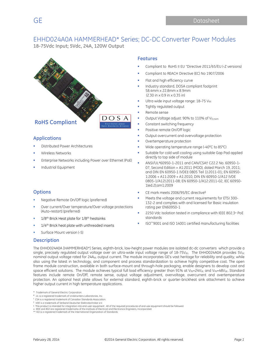 GE Industrial Solutions EHHD024A0A HAMMERHEAD Series User Manual | 20 pages