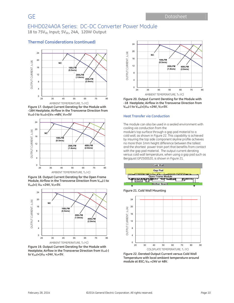 Ehhd024a0a series: dc-dc converter power module, Datasheet, 18 to 75v | Input; 5v, Thermal considerations (continued), Heat transfer via conduction | GE Industrial Solutions EHHD024A0A HAMMERHEAD Series User Manual | Page 10 / 20