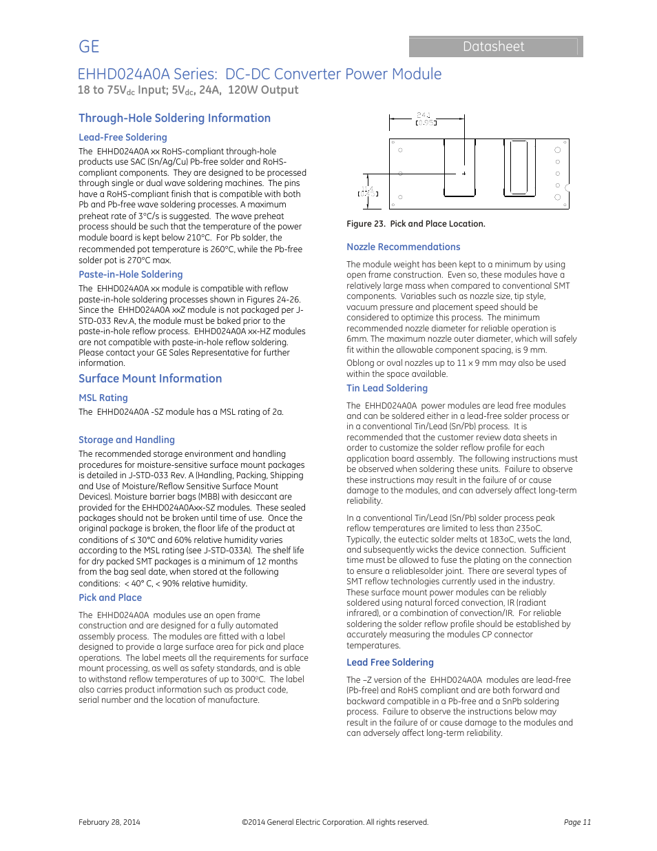 Ehhd024a0a series: dc-dc converter power module, Datasheet | GE Industrial Solutions EHHD024A0A HAMMERHEAD Series User Manual | Page 11 / 20